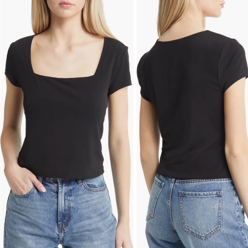 NWT Open Edit Square Neck Crop Top Tee - Black